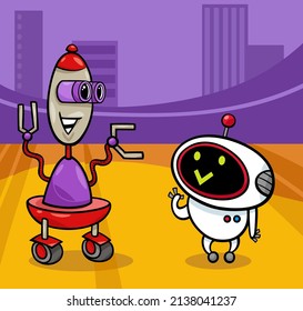 Ilustración de dibujos animados de personajes de robots graciosos hablando