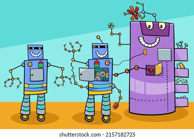 Cartoon illustration of funny robots comic characters