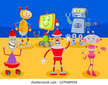 Cartoon Illustration of Funny Robots or Droids Fantasy or Science Characters