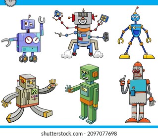 Ilustración de dibujos animados de robots graciosos o droides personajes de fantasía conjunto