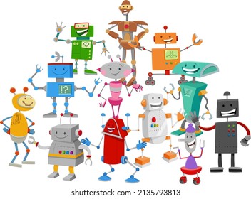 Cartoon illustration of funny robots or droids fantasy characters group