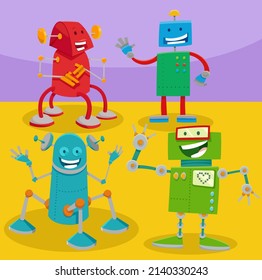Cartoon illustration of funny robots or droids fantasy characters group