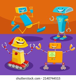 Cartoon illustration of funny robots and droids fantasy characters group
