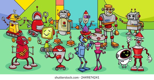 Cartoon illustration of funny robots and droids fantasy characters group