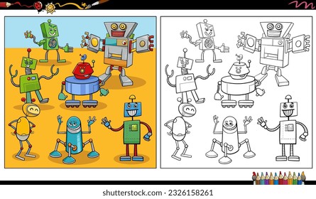 Cartoon illustration of funny robots fantasy characters group coloring page