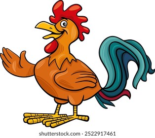 Ilustración de dibujos animados del personaje divertido del animal del pájaro de la granja del gallo