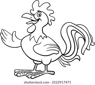 Cartoon illustration of funny rooster farm bird animal character coloring page