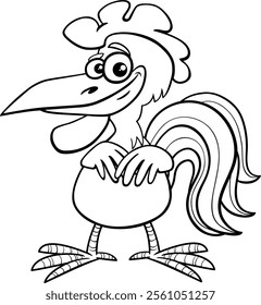 Cartoon illustration of funny rooster farm bird animal character coloring page