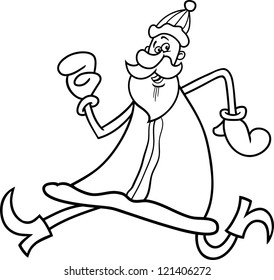 Cartoon Illustration of Funny Running Santa Claus or Papa Noel or Father Christmas for Coloring Book