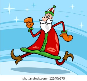 Cartoon Illustration of Funny Running Santa Claus or Papa Noel or Father Christmas