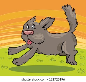 Cartoon Illustration of Funny Running Shaggy Dog against Rural Scene