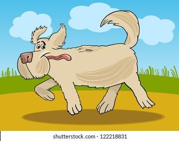 Cartoon Illustration of Funny Running Shaggy Sheepdog Dog against Rural Scene