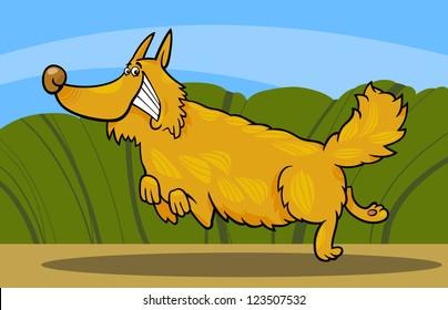 Cartoon Illustration of Funny Running Shaggy Dog against Rural Scene