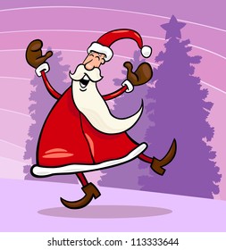 Cartoon Illustration of Funny Santa Claus or Papa Noel against Sky and Christmas Tree with Star