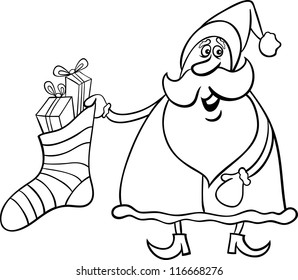 Cartoon Illustration of Funny Santa Claus or Papa Noel with Big Sock full of Christmas Presents and Gifts for Coloring Book or Page