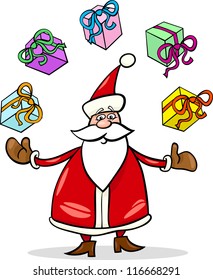 Cartoon Illustration of Funny Santa Claus or Papa Noel juggling Christmas Presents and Gifts