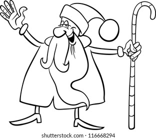 Cartoon Illustration of Funny Santa Claus or Papa Noel with Christmas Cane for Coloring Book or Page