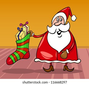 Cartoon Illustration of Funny Santa Claus or Papa Noel with Big Sock full of Christmas Presents or Gifts