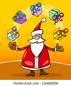 Cartoon Illustration of Funny Santa Claus or Papa Noel juggling Christmas Presents or Gifts