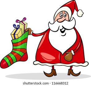 Cartoon Illustration of Funny Santa Claus or Papa Noel with Big Sock full of Christmas Presents or Gifts