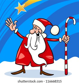 Cartoon Illustration of Funny Santa Claus or Papa Noel with Cane against Sky and Christmas Star