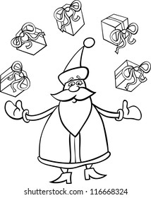 Cartoon Illustration of Funny Santa Claus or Papa Noel juggling Christmas Presents or Gifts for Coloring Book or Page