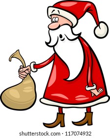 Cartoon Illustration of Funny Santa Claus or Papa Noel holding Very Small Sack with Christmas Presents