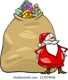 Cartoon Illustration of Funny Santa Claus or Papa Noel with Huge Sack Full of Christmas Presents