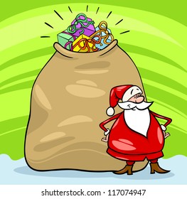 Cartoon Illustration of Funny Santa Claus or Papa Noel with Huge Sack Full of Christmas Presents