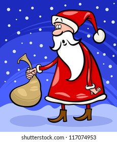 Cartoon Illustration of Funny Santa Claus or Papa Noel holding Very Small Sack with Christmas Presents