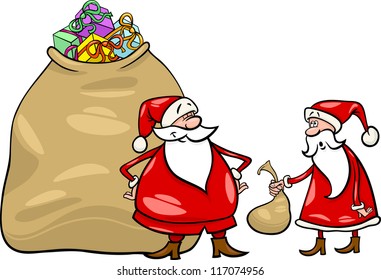 Cartoon Illustration of Funny Santa Claus or Papa Noel with Huge Sack Full of Christmas Presents and another Santa holding Very Small one