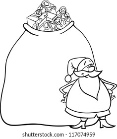 Cartoon Illustration of Funny Santa Claus or Papa Noel with Huge Sack Full of Christmas Presents for Coloring Book