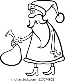 Cartoon Illustration of Funny Santa Claus or Papa Noel holding Very Small Sack with Christmas Presents for Coloring Book