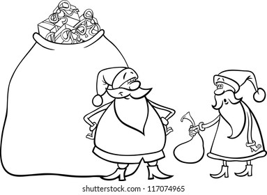 Cartoon Illustration of Funny Santa Claus or Papa Noel with Huge Sack Full of Christmas Presents and another Santa holding Very Small one for Coloring Book