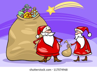 Cartoon Illustration of Funny Santa Claus or Papa Noel with Huge Sack Full of Christmas Presents and another Santa holding Very Small one