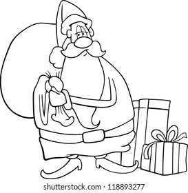 Cartoon Illustration of Funny Santa Claus or Papa Noel with Sack and Christmas Presents and Gifts for Coloring Book or Page