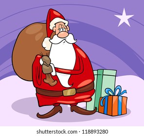 Cartoon Illustration of Funny Santa Claus or Papa Noel with Christmas Presents and Gifts and Sack