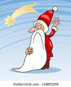 Cartoon Illustration of Funny Santa Claus or Papa Noel with Christmas Star