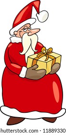 Cartoon Illustration of Funny Santa Claus or Papa Noel with Christmas Present and Gift