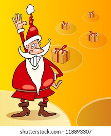 Cartoon Illustration of Funny Santa Claus or Papa Noel with Christmas Presents and Gifts