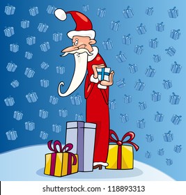 Cartoon Illustration of Funny Santa Claus or Papa Noel with Christmas Presents and Gifts