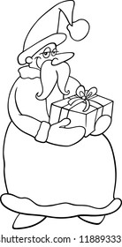 Cartoon Illustration of Funny Santa Claus or Papa Noel with Christmas Present for Coloring Book or Page