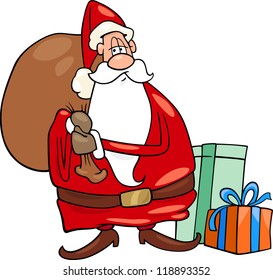 Cartoon Illustration of Funny Santa Claus or Papa Noel with Christmas Presents and Gifts and Sack