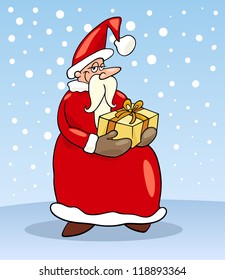 Cartoon Illustration of Funny Santa Claus or Papa Noel with Christmas Present and Gift