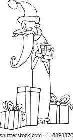 Cartoon Illustration of Funny Santa Claus or Papa Noel with Christmas Presents and Gifts for Coloring Book or Page