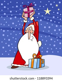 Cartoon Illustration of Funny Santa Claus or Papa Noel with Christmas Presents and Gifts