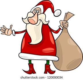 Cartoon Illustration of Funny Santa Claus or Papa Noel with Sack of Christmas Presents