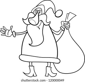 Cartoon Illustration of Funny Santa Claus or Papa Noel with Sack of Christmas Presents for Coloring Book