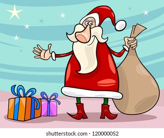 Cartoon Illustration of Funny Santa Claus or Papa Noel with Christmas Presents and Sack of Gifts