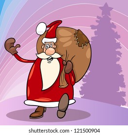 Cartoon Illustration of Funny Santa Claus or Papa Noel or Father Christmas with Sack full of Presents